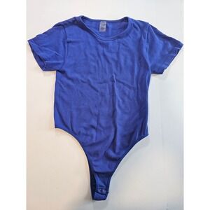 Ribbed Bodysuit‎ Women 1X Blue Short Sleeve Crew Neck Stretch